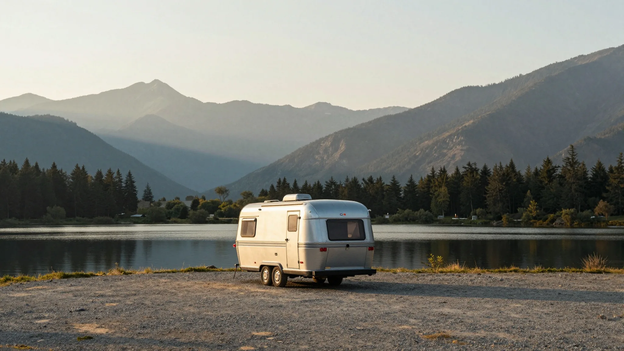 A small travel trailer parked alone beside an alpine lake at
               golden hour — an illustration, not a real campground.